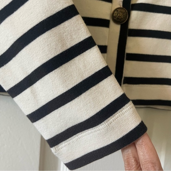Massimo Dutti Button Front Cardigan Women M V Neck Striped Cotton Cream Black - Picture 9 of 15
